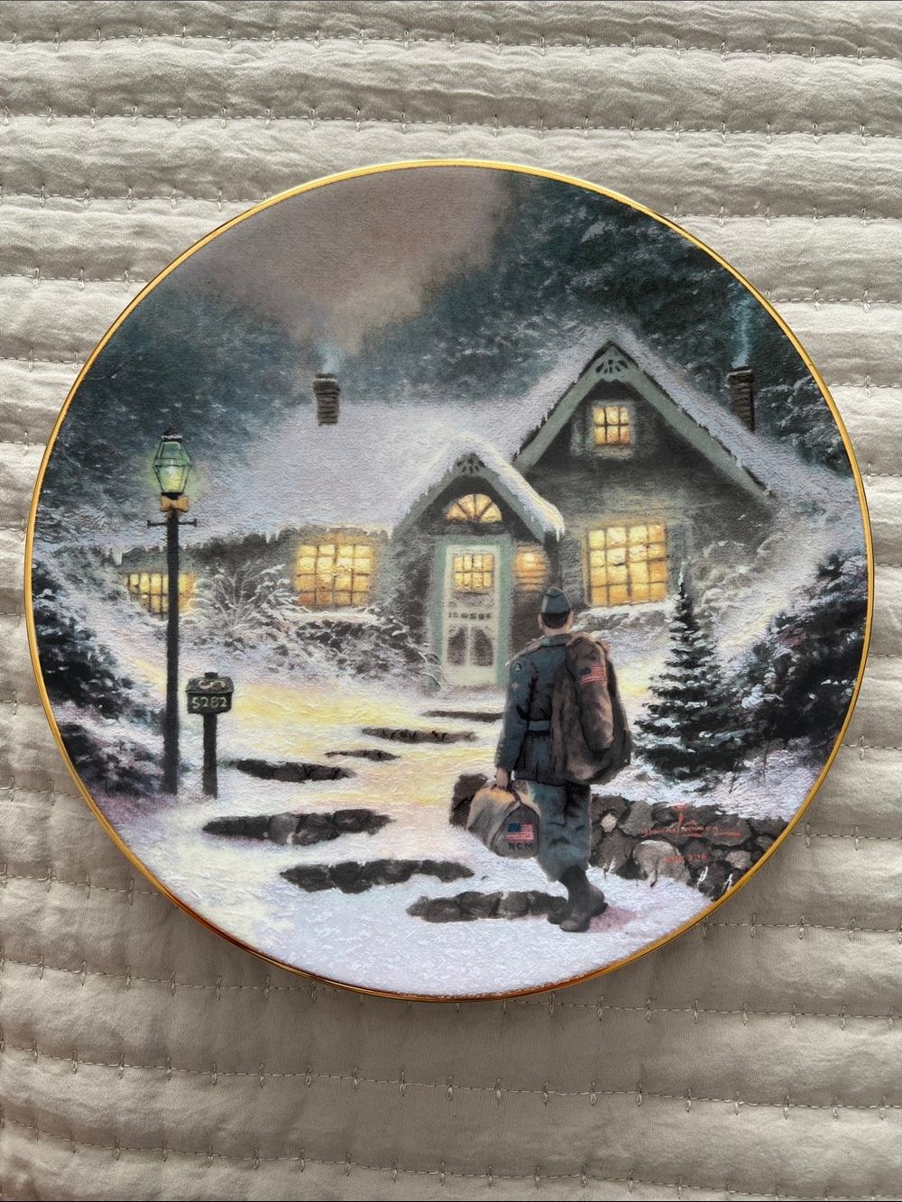Knowles Holiday Snowy Cottage Decorative Plate with Gold Rim